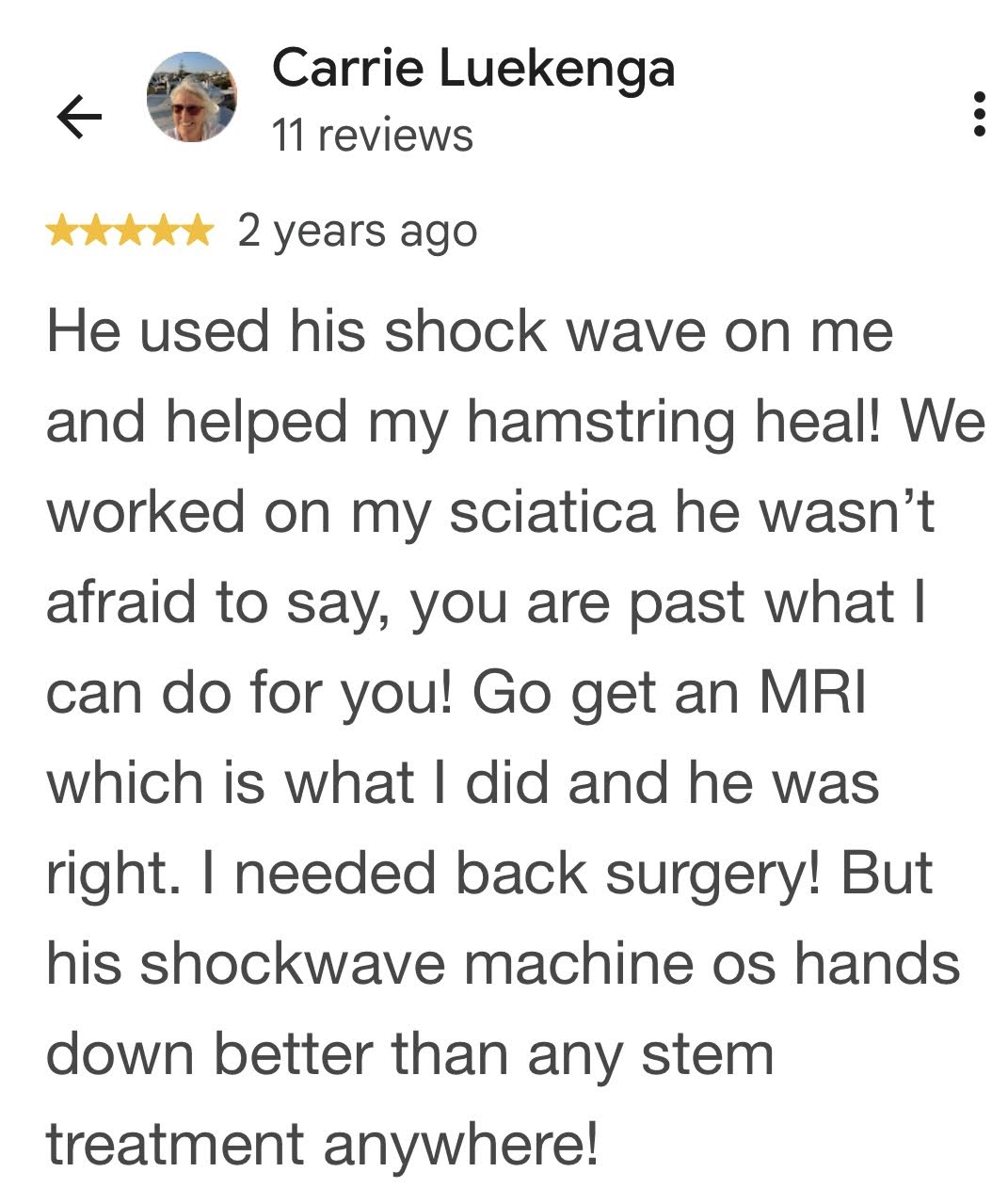 Five-star Google review from Carrie Luekenga